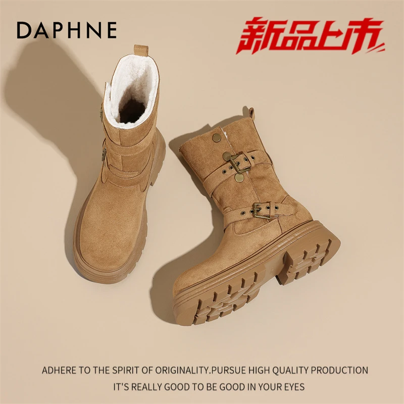 达芙妮2025冬季新款加绒保暖西部靴女款复古英伦风短靴粗跟马丁靴