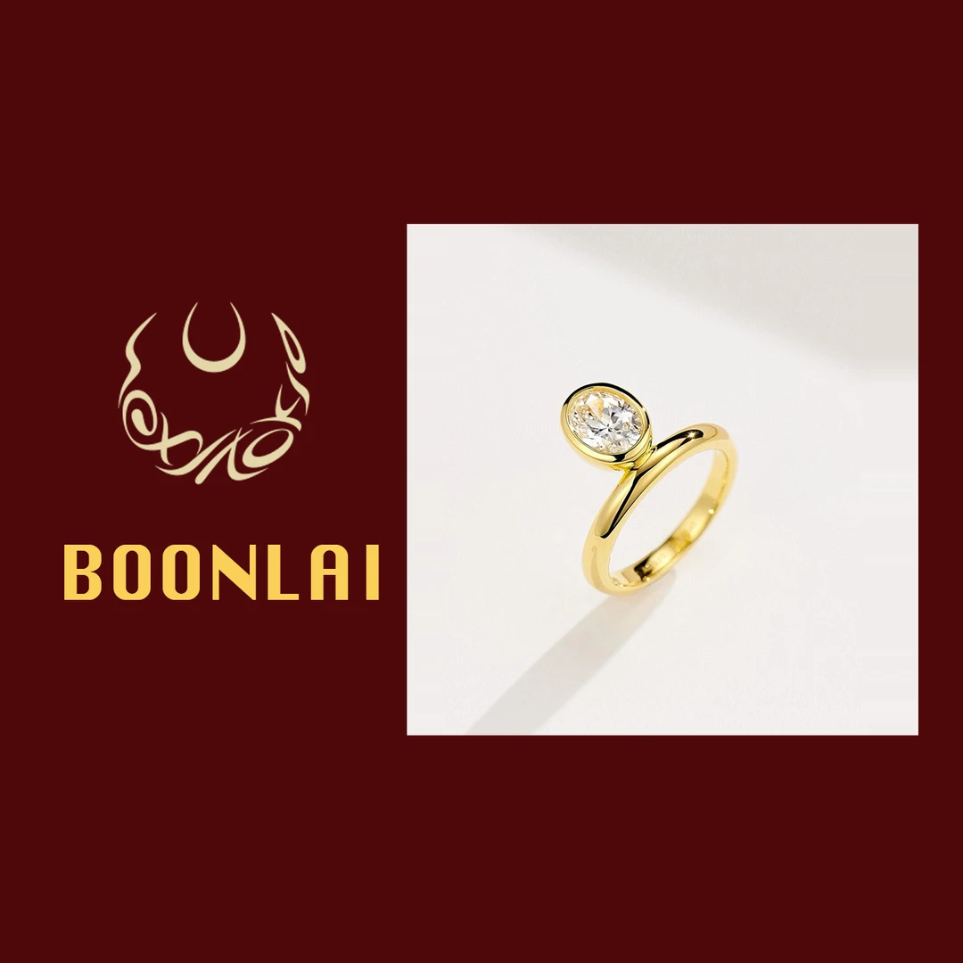 铜合金莫桑石戒指 Boonlai 金色水滴圆钻戒指095