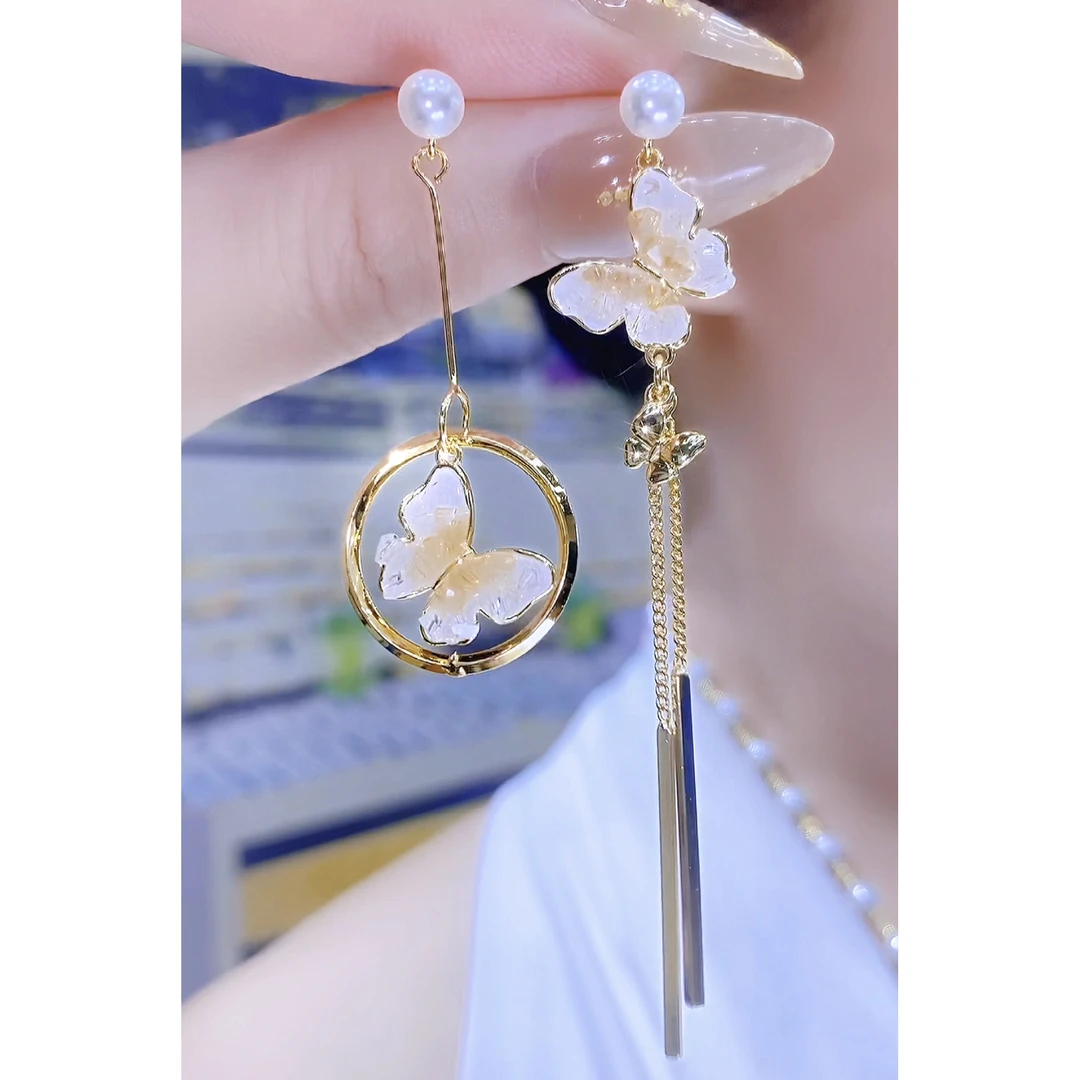 铜合金合成锆石耳饰 时尚气质新款甜美AB款蝴蝶流苏耳环