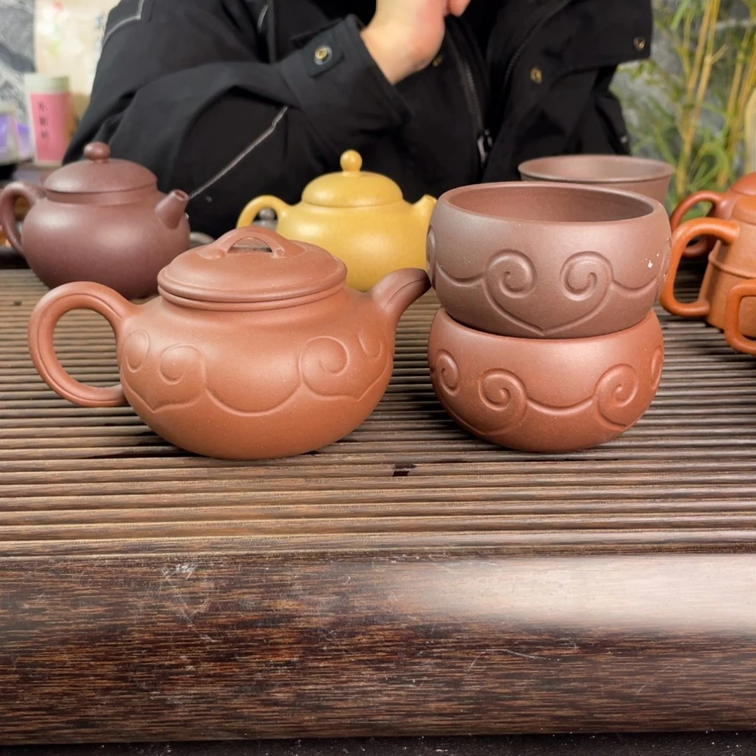 紫砂茶壶老红泥仿古如意一壶两杯
