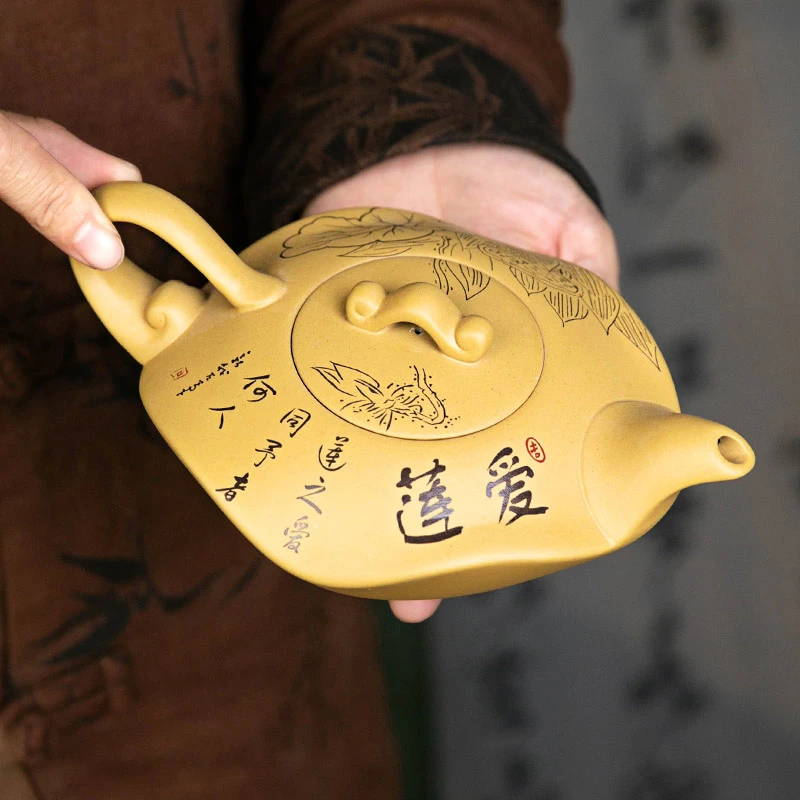 宜兴原矿高温段泥紫砂壶名家纯全手工泥绘爱莲说家用功夫茶具泡茶