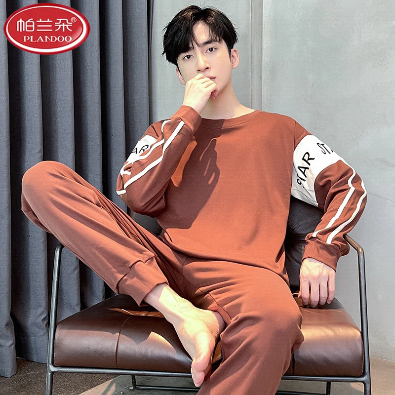 帕兰朵男士睡衣棉质长袖秋冬季加肥加大码休闲简约可外穿男款家居