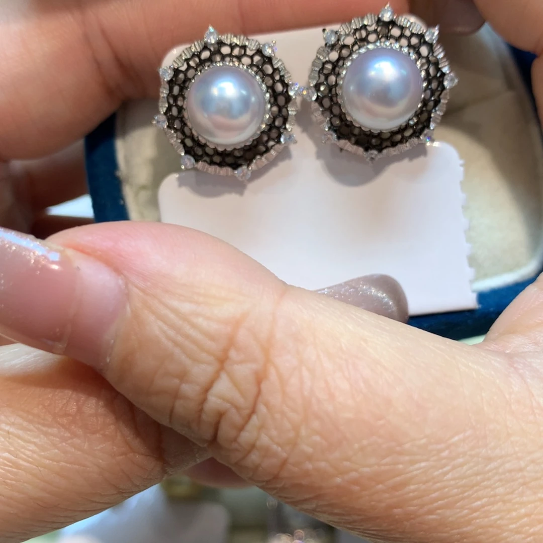 海水珍珠耳饰银S925镶嵌
