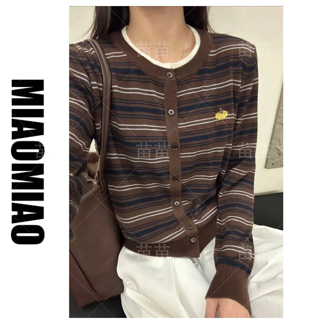 【大码】/南瓜开衫/圆领条纹长袖针织衫女宽松上衣5020