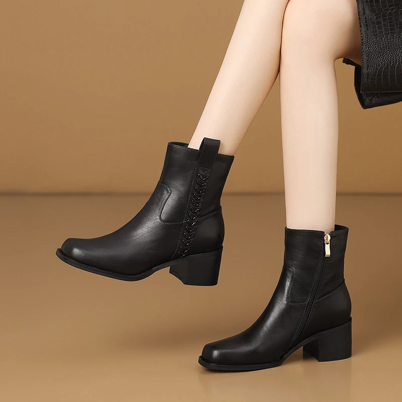 5.5cm真皮舒适短靴冬加绒短筒骑士靴美拉德时尚中跟靴子粗跟复古