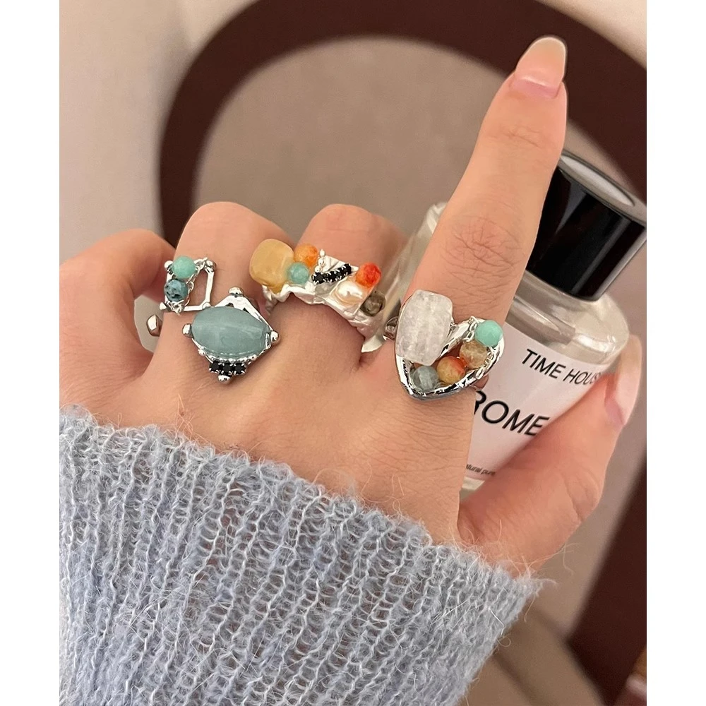 铜合金戒指 新中式手工彩色串珠戒指开口叠戴指环女百搭食指戒潮
