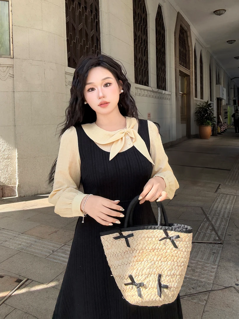 月半鱼【布拉安妮】法式复古假两件拼接连衣裙收腰定制显瘦气质长裙