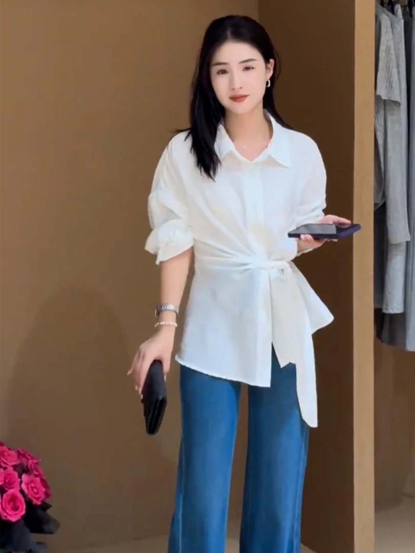 秋季清爽通勤穿搭上衣高级感轻奢减龄洋气白色绑带收腰长袖衬衫女
