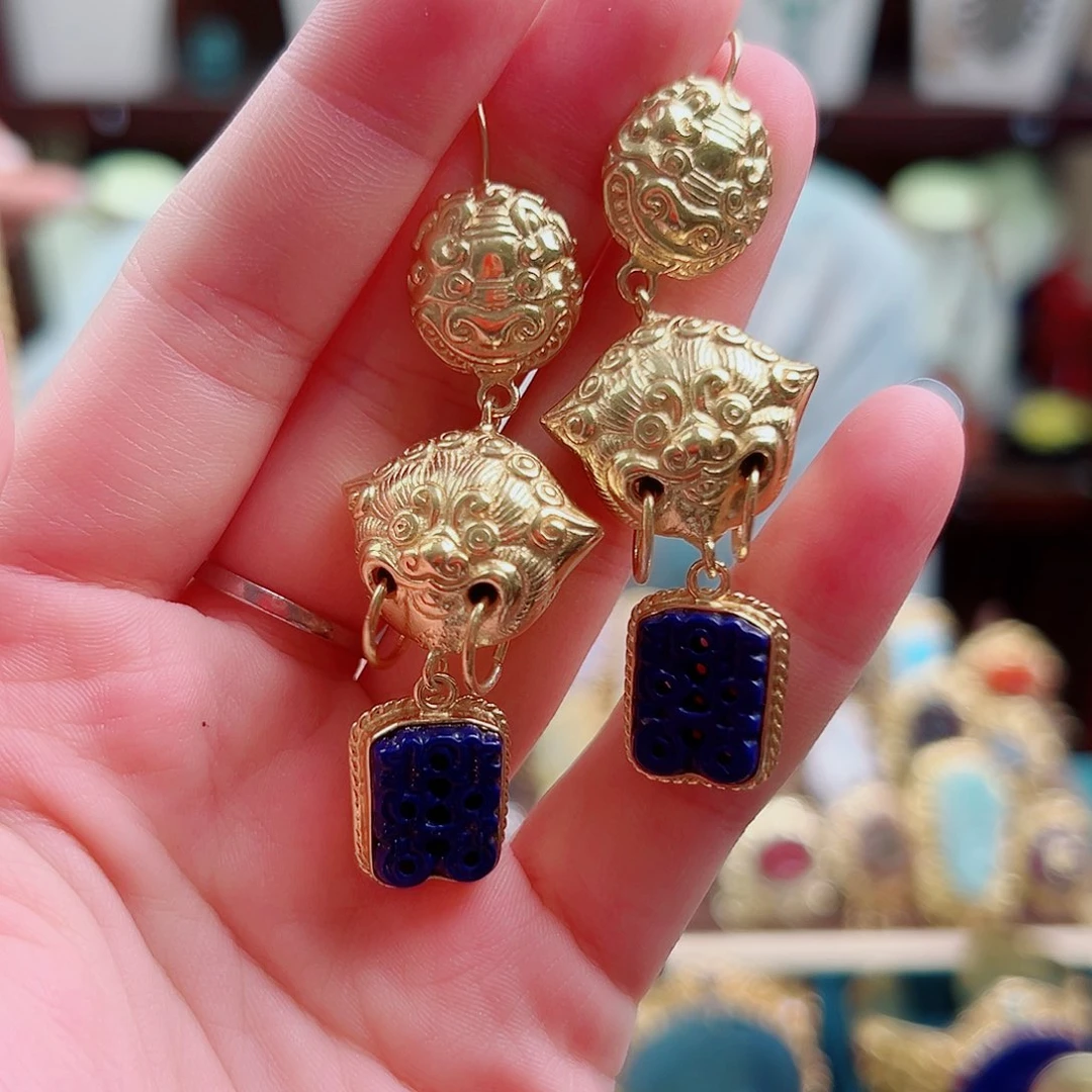 挂件青金石银S925镶嵌耳环