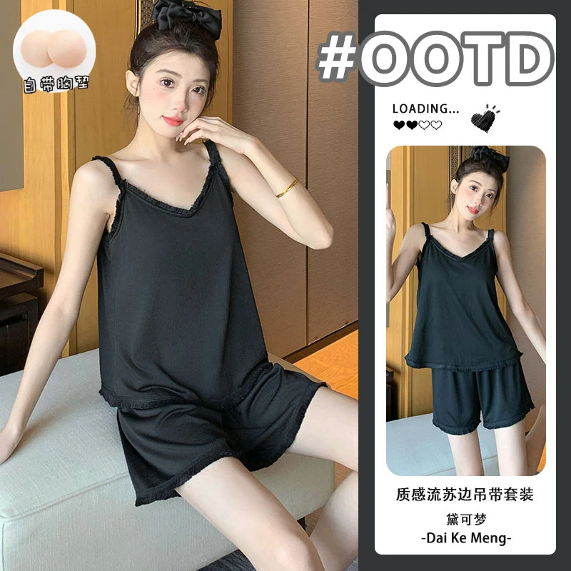 夏季薄款带胸垫吊带短裤睡衣套装女士网红时尚流苏质感休闲家居服
