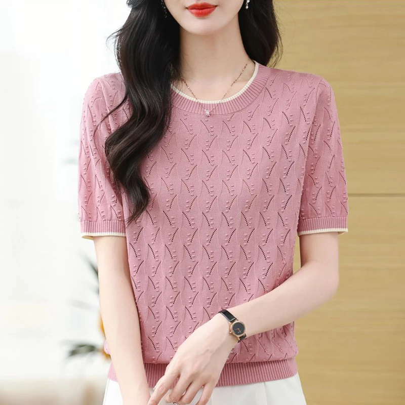 2025新款镂空小衫百搭冰丝设计感短袖t恤女圆领宽松洋气显瘦上衣