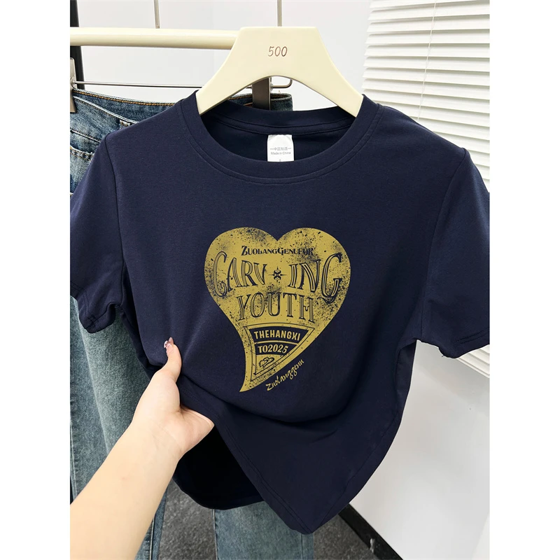 大码设计感爱心印花短袖t恤女夏季新款韩系小众圆领显瘦正肩上衣