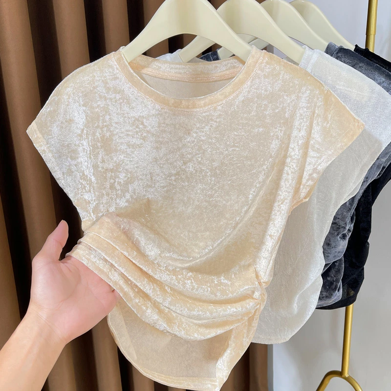 小飞袖薄款短袖T恤女夏季2025新款弧形下摆冰丝网纱丝绒正肩上衣