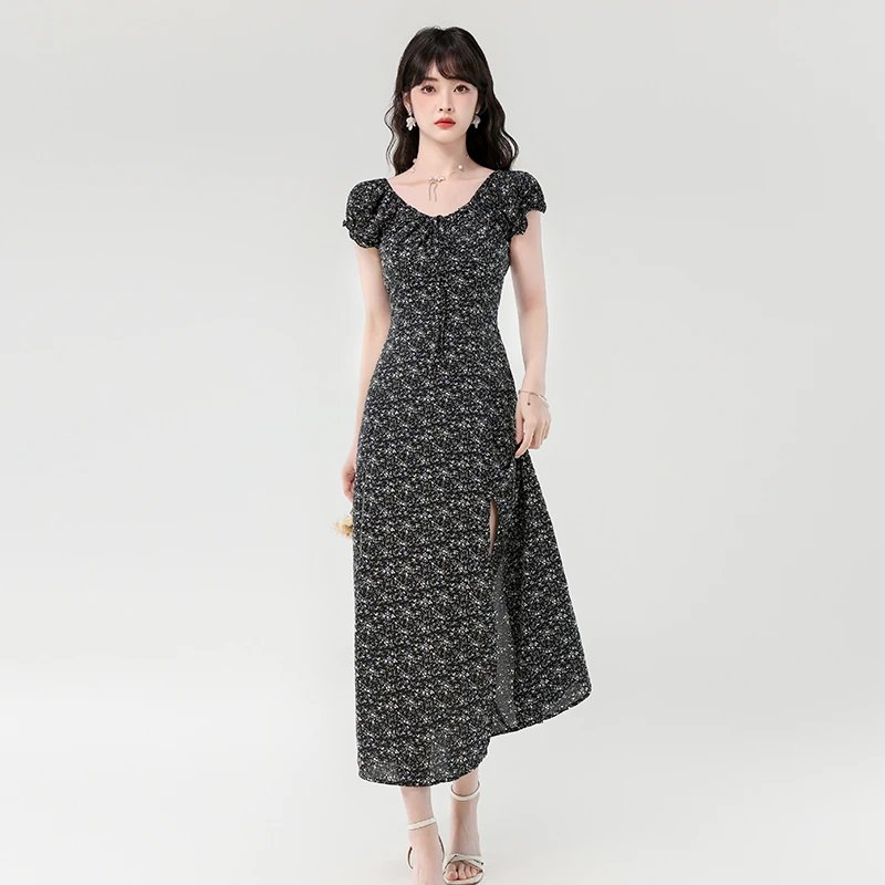 2025夏季新款法式优雅小碎花抽绳系带气质显瘦长款开叉连衣裙长裙