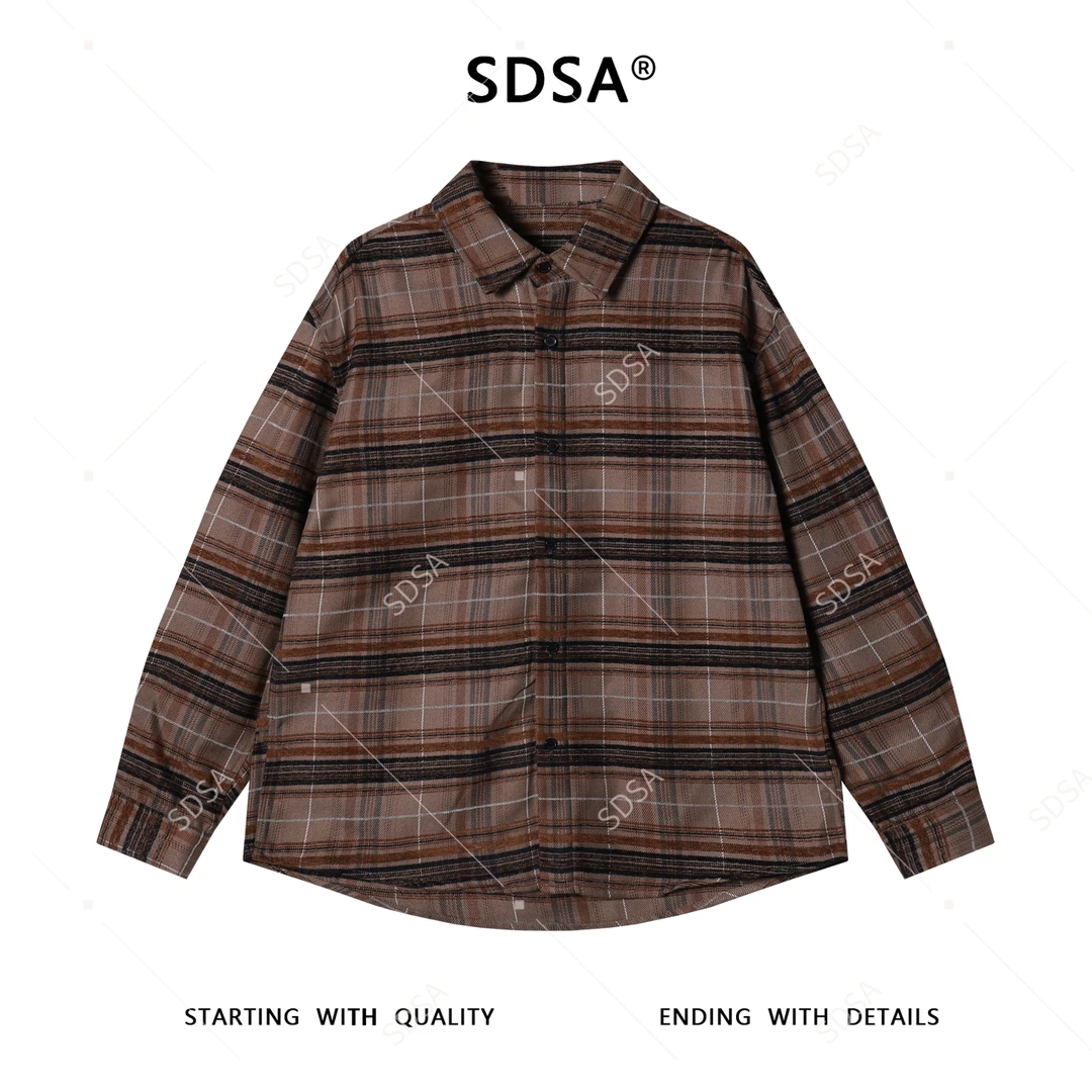 SDSA男士秋冬新款痞帅男装美式复古撞色格纹翻领长袖T恤时尚衬衣