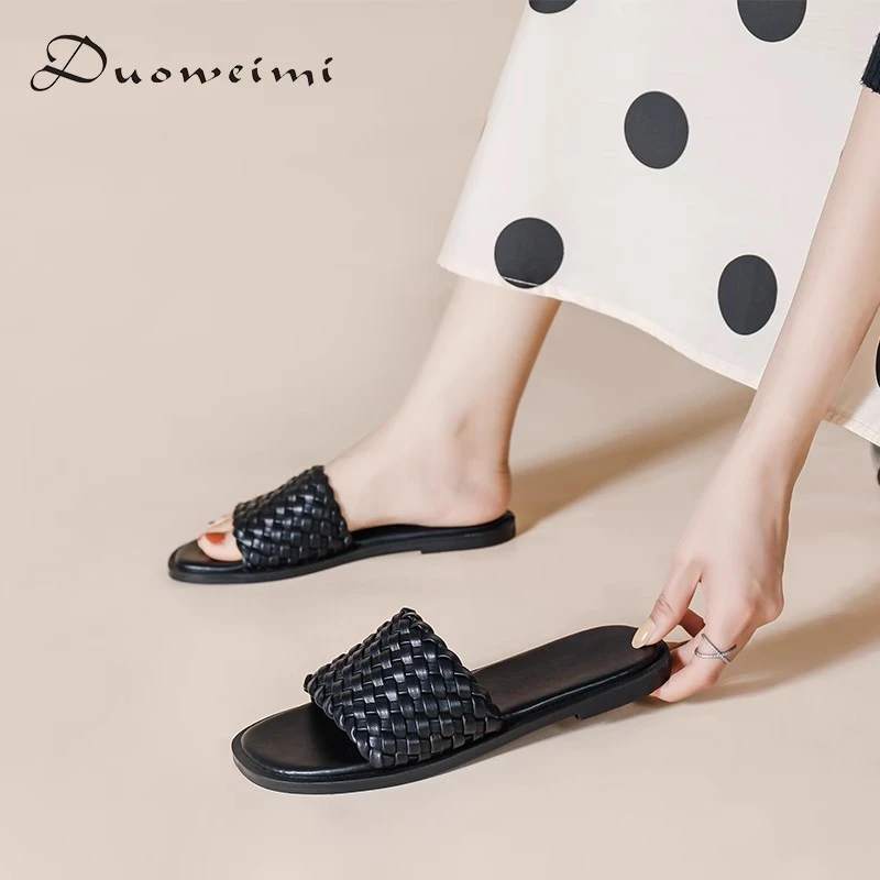 休闲大码纯色夏季一字拖沙滩百搭凉拖鞋编制韩版软底外穿防滑