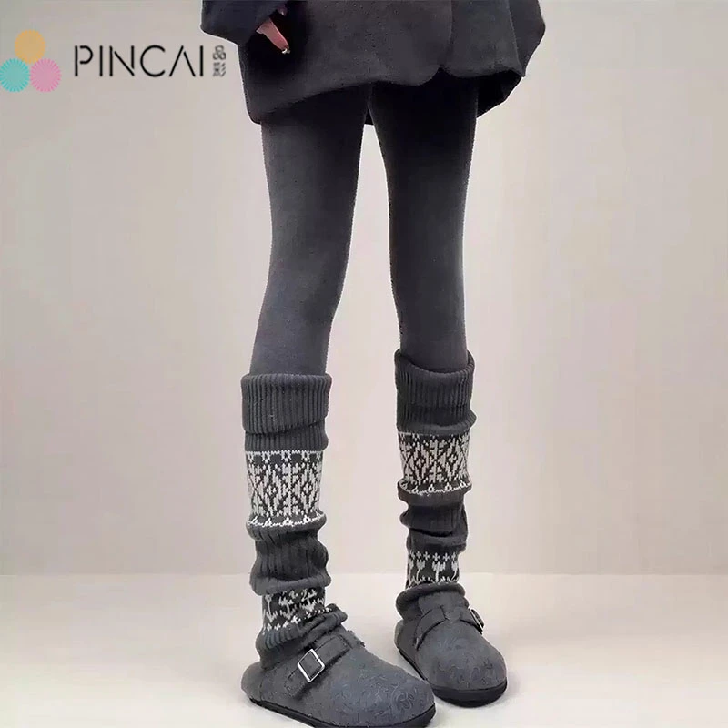 费尔岛袜套小腿袜女秋冬加厚保暖配连裤袜灰色格雷系长腿套堆堆袜