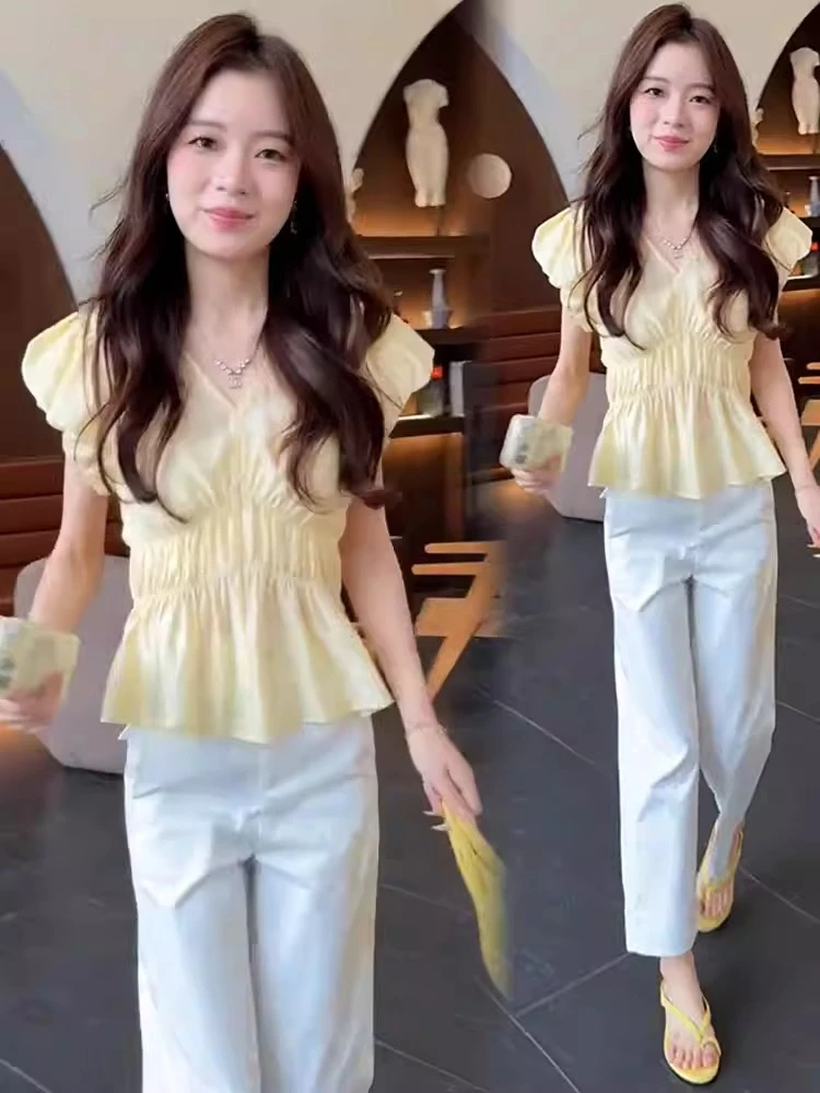 时尚套装女夏季新款洋气显瘦冰丝凉感荷叶边短袖上衣阔腿裤两件套