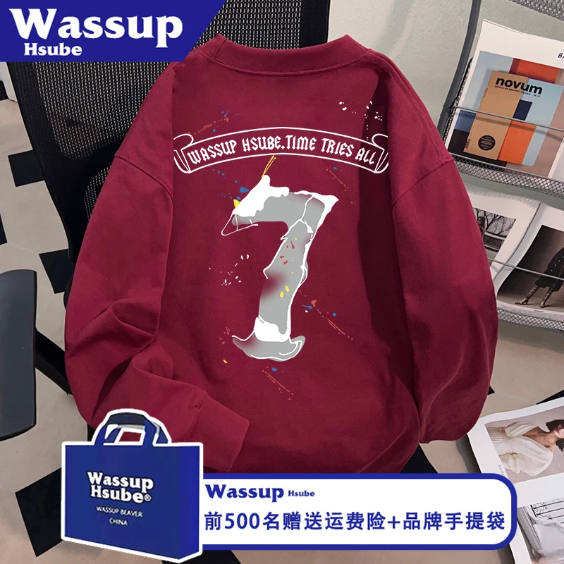 WASSUP HSUBE数字字母印花T恤秋100%棉圆领长袖ins男女酒红色上衣