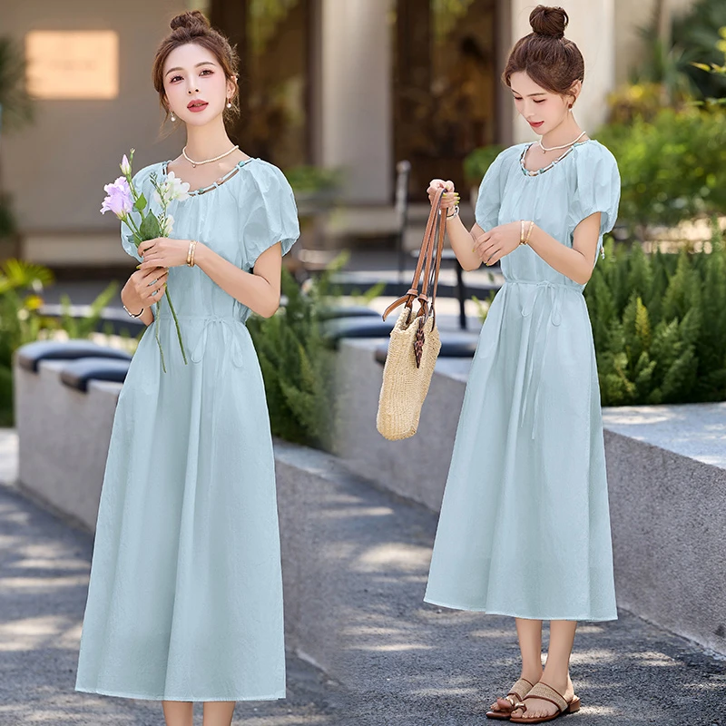 连衣裙显瘦气质夏季复古法式收腰中式中钉珠中长款文艺仙气裙子