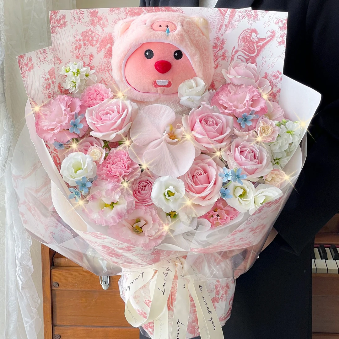 Loopy送女神心动款❤6朵粉玫瑰康乃馨蝴蝶兰混搭送女生送闺蜜玩偶花束生日礼物鲜花小时达同城配送