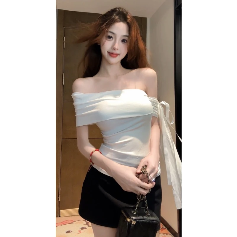 【XIAOBAWANG】一字肩性感纯欲辣妹飘带显身材修身显瘦上衣W
