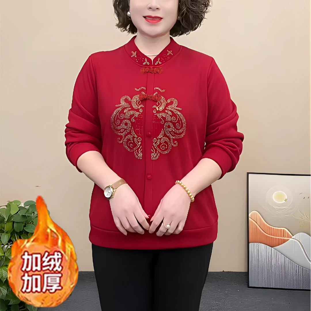 【清】新年福气加绒加厚女士气质烫钻中式风卫衣百搭洋气妈妈装打底