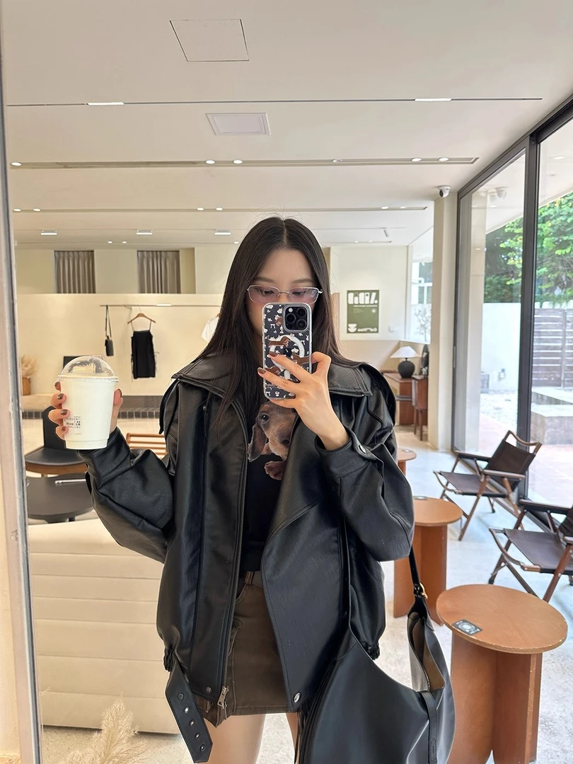 ONEXH·2025秋季新款设计感廓形夹克宽松皮衣外套女质感韩系机车服