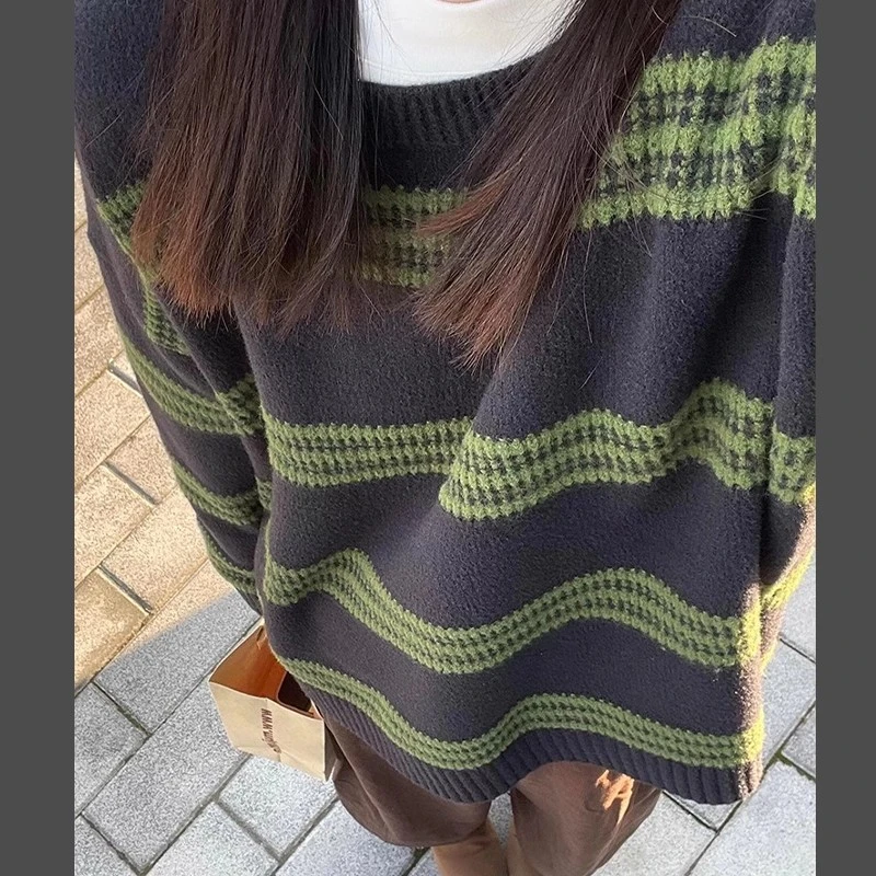 百搭复古宽松毛衣女秋冬季2025新款慵懒风绿色条纹内搭打底针织衫