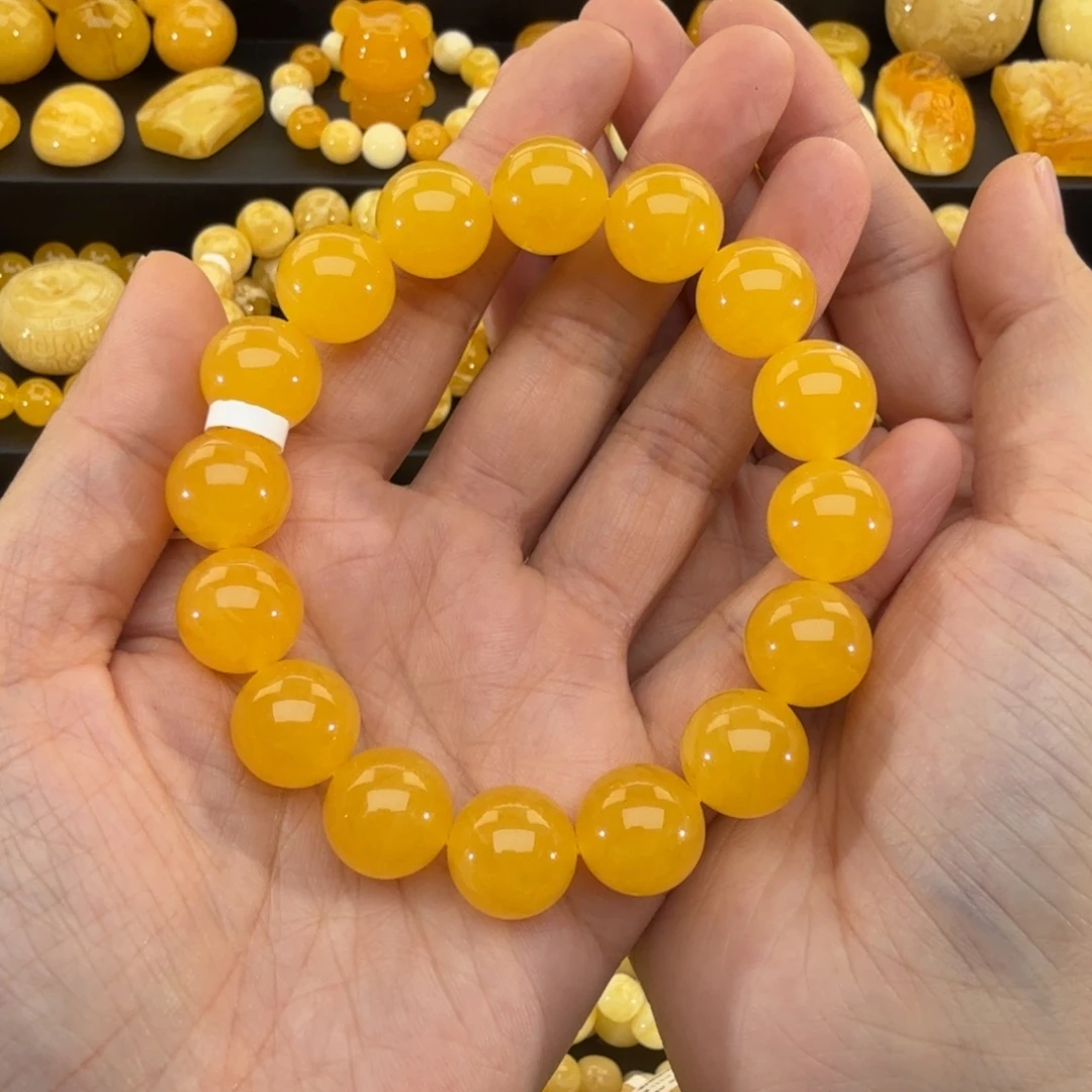 琥珀未镶嵌裸石14MM焦皮橘红同料圆珠单圈