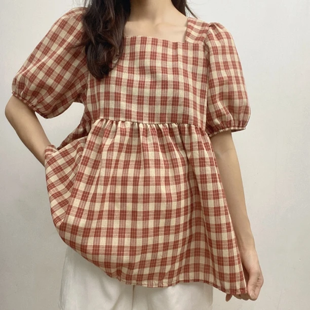 孕妇上衣夏季复古娃娃衫棉麻格子女夏装宽松洋气上衣