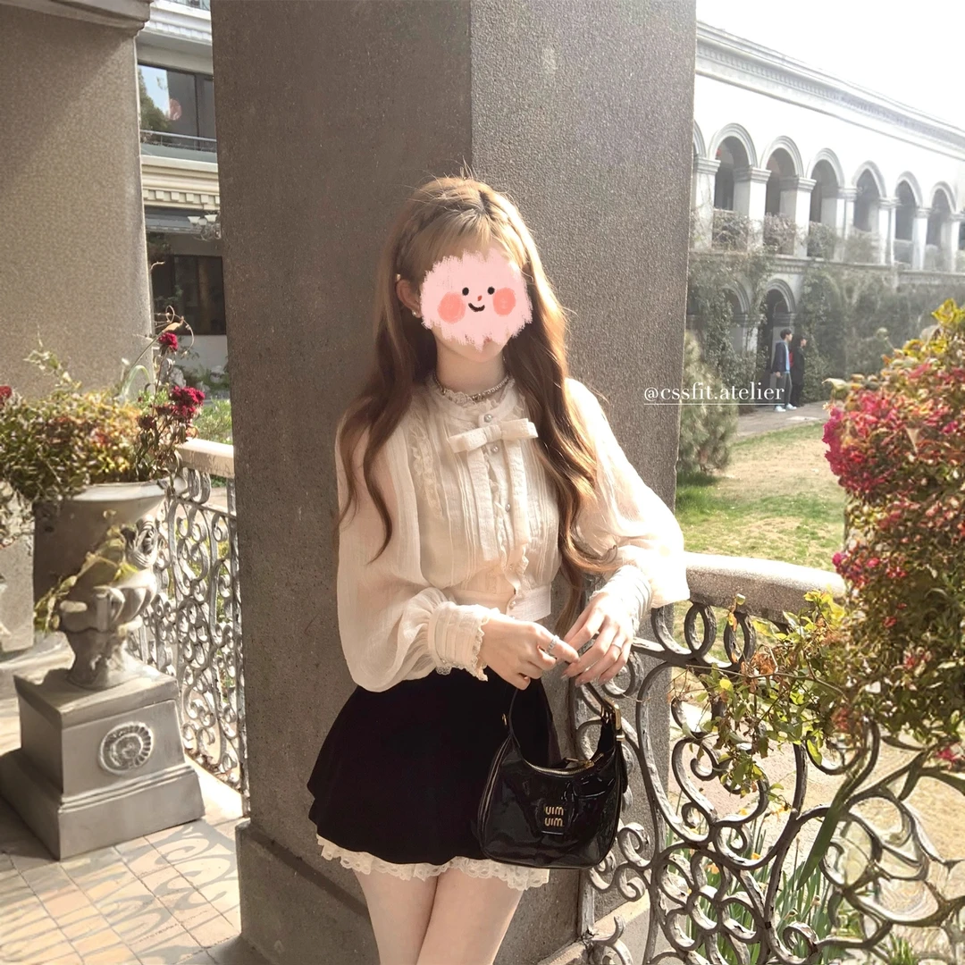 温柔陷阱 蝴蝶结拼接蕾丝金丝衬衫女长袖短款上衣丝绒半身裤套装