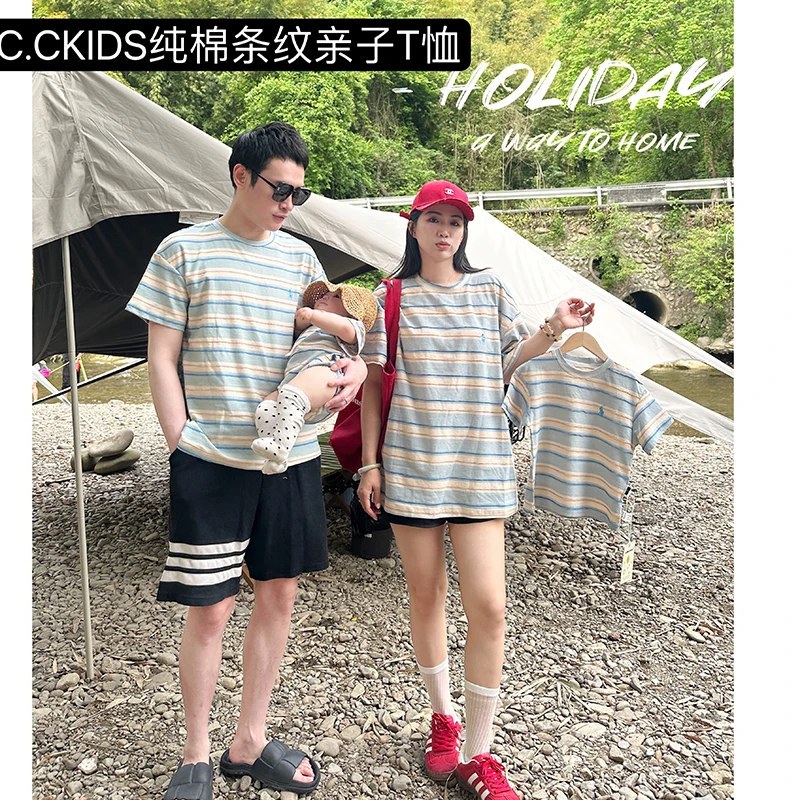 C.CKIDS韩版纯棉亲子装夏装新款条纹母子短袖T恤炸街宽松