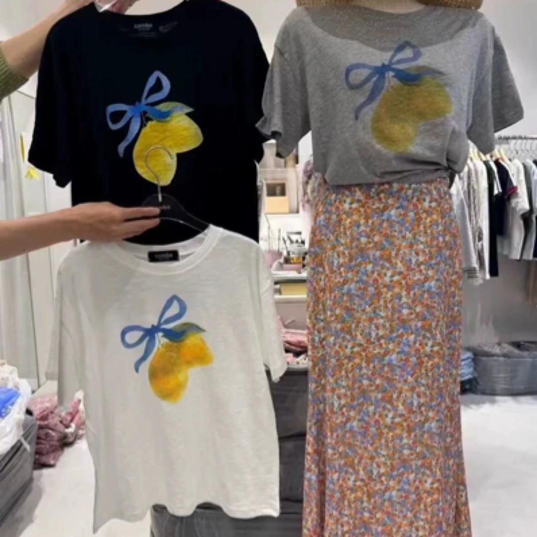 现韩国东大门代combo2025夏季款洋气百搭蝴蝶结柠檬印花短袖T恤
