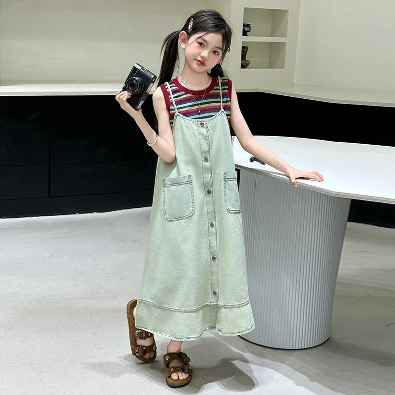 女童无袖牛仔裙套装2025新款6-12岁时髦洋气小女孩夏季两件套韩版