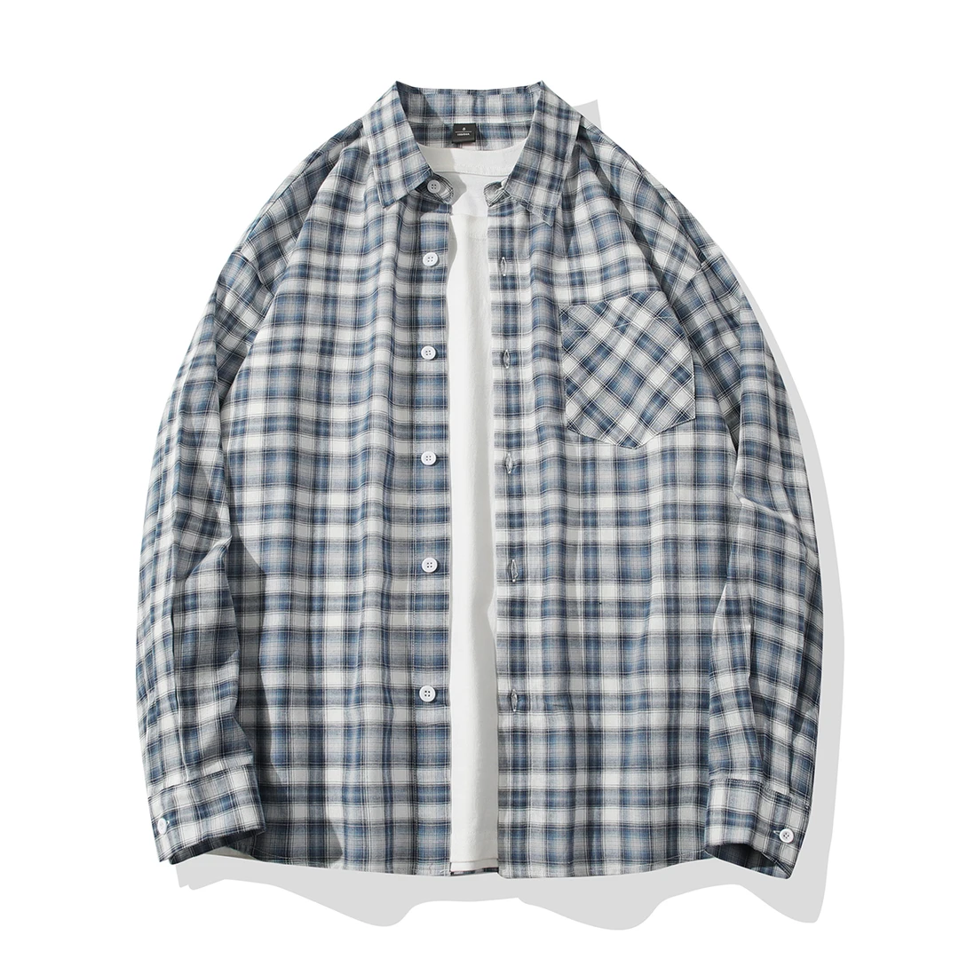 美式复古vintage格子衬衫纯棉男士春夏宽松休闲慵懒潮流衬衣外套