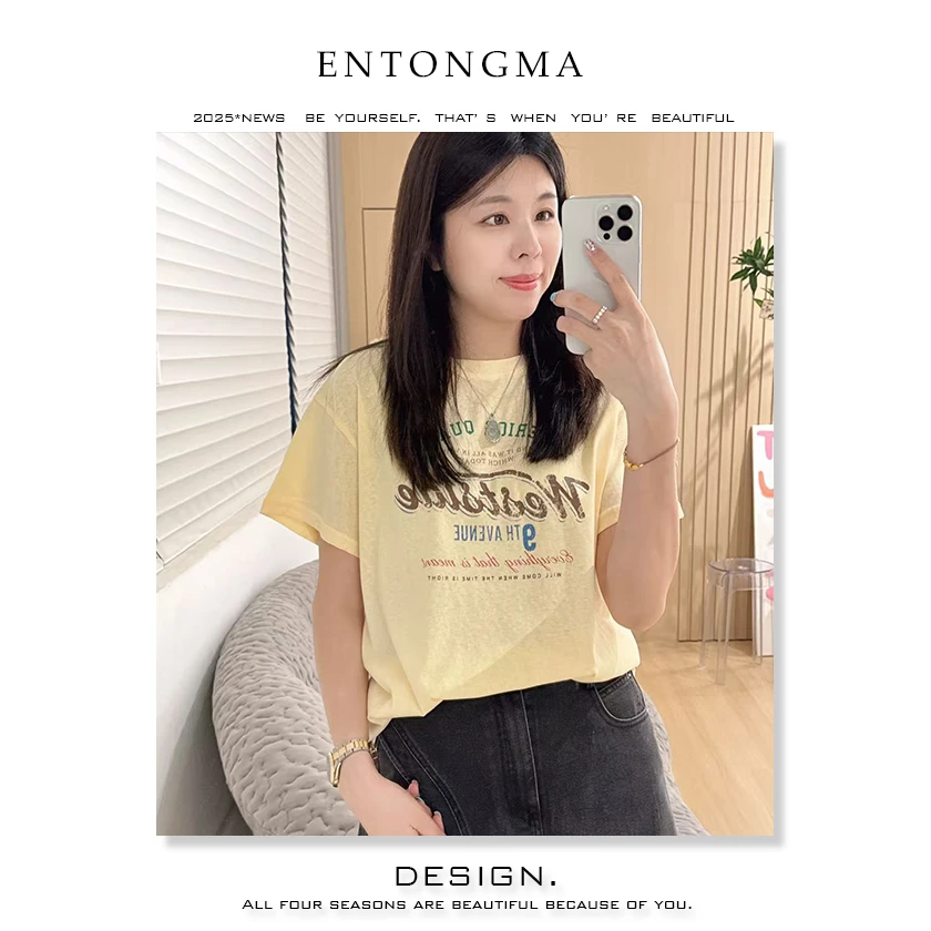 ENMA圆领字母印花黄色T恤常规打百搭短袖