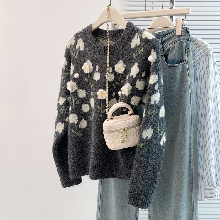 新品秋冬重工花朵女针织开衫时尚女甜美毛衣女外套上衣