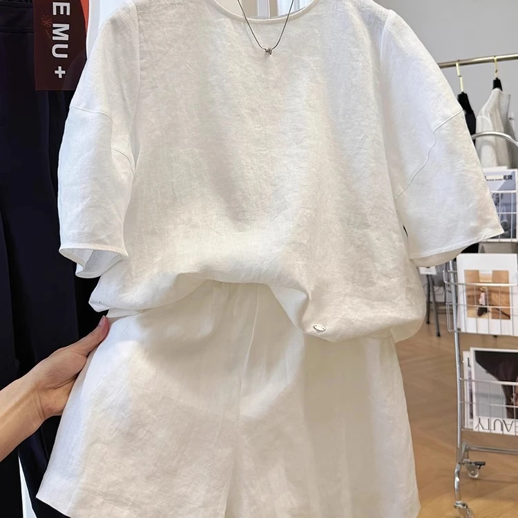 300斤加大码夏季高端纯亚麻时尚套装男小众设计休闲百搭ins两件套