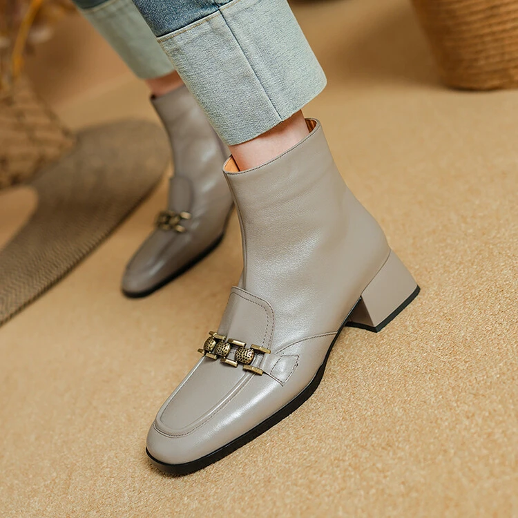 4cm~金属扣真皮方头高跟短靴2025秋冬新款粗跟侧拉链百搭通勤短靴