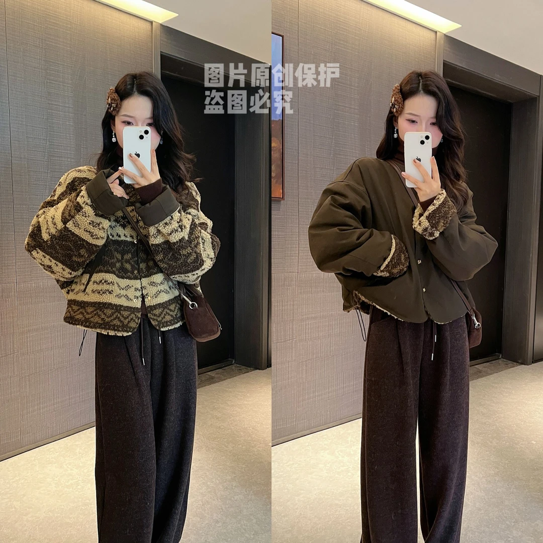 花纹军绿双面小个子短外套女高级感毛绒加厚保暖连帽上衣