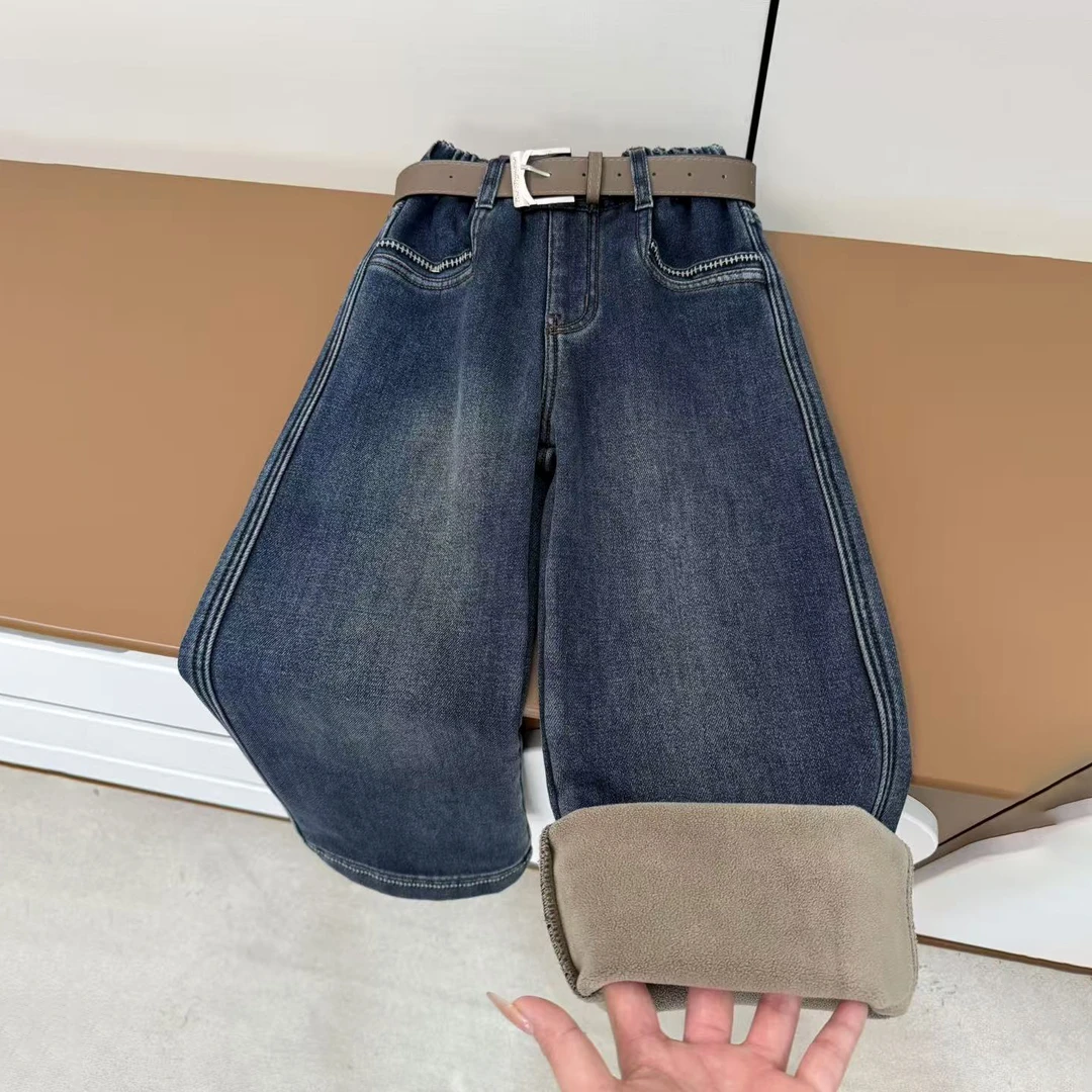 【有弹性，高品质】女童加绒牛仔裤2025秋冬新款直筒高腰中大童弹力2