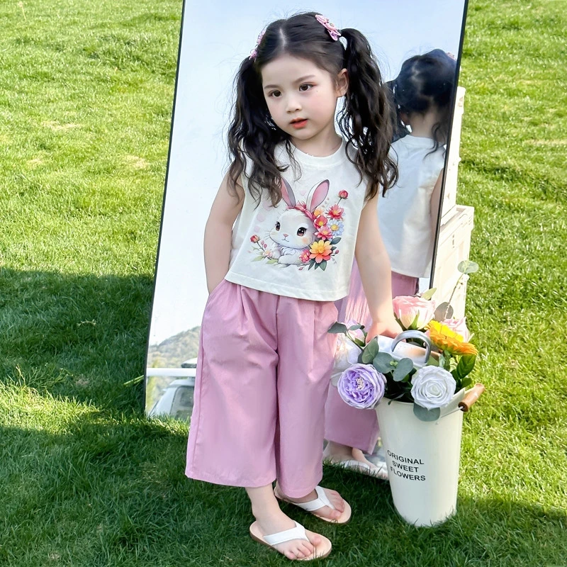 女童夏季套装2025新款儿童无袖上衣休闲阔腿裤宝宝洋气薄款两件套