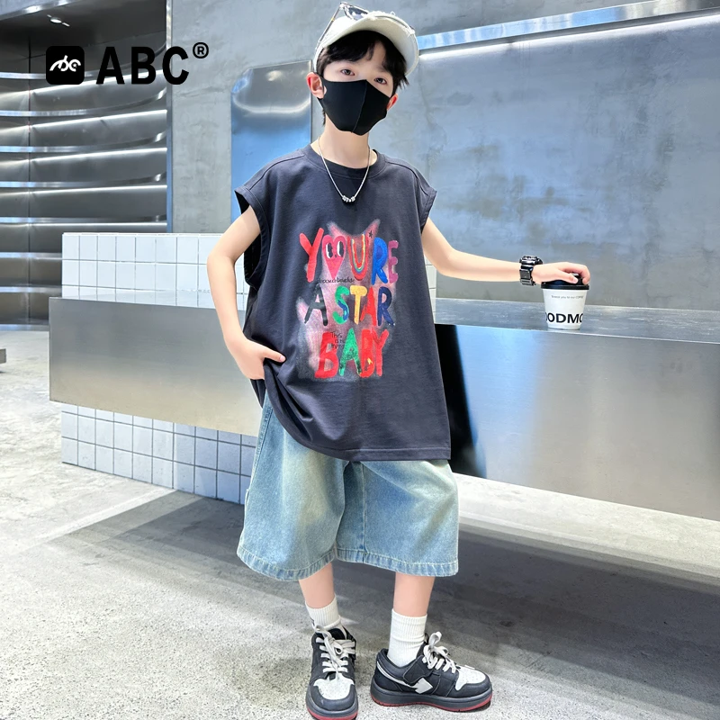 ABC男童夏季套装2025新款男孩字母印花无袖上衣男大童薄款两件套