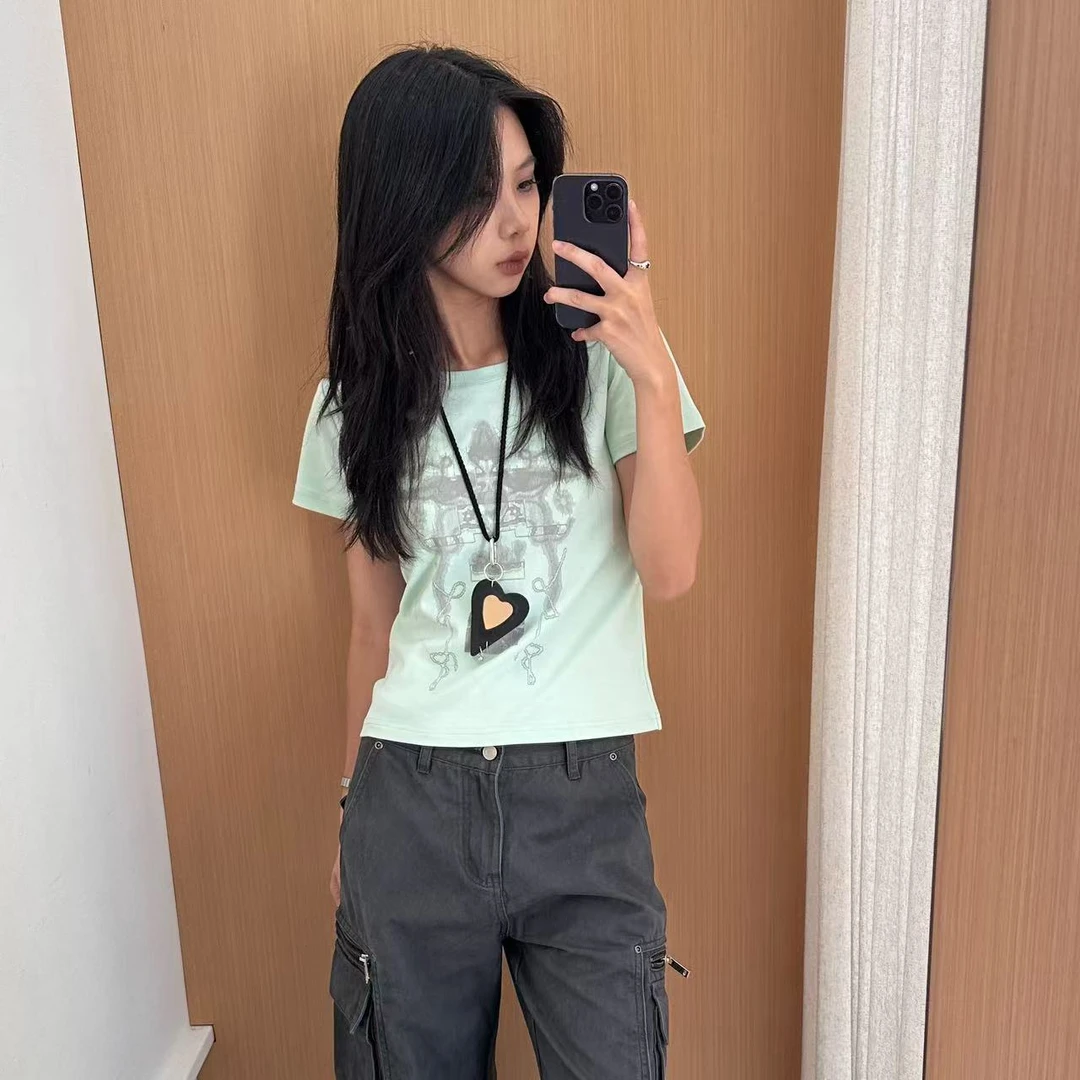 “抹茶奶盖”|虎皮卷小众复古个性印花圆领显瘦短袖#S25720