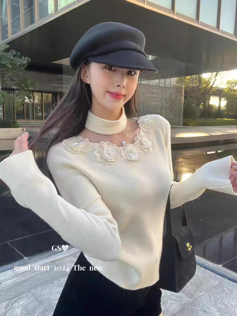 292#早春新款法式温柔风长袖针织衫女别致内搭打底衫超仙潮牌上衣