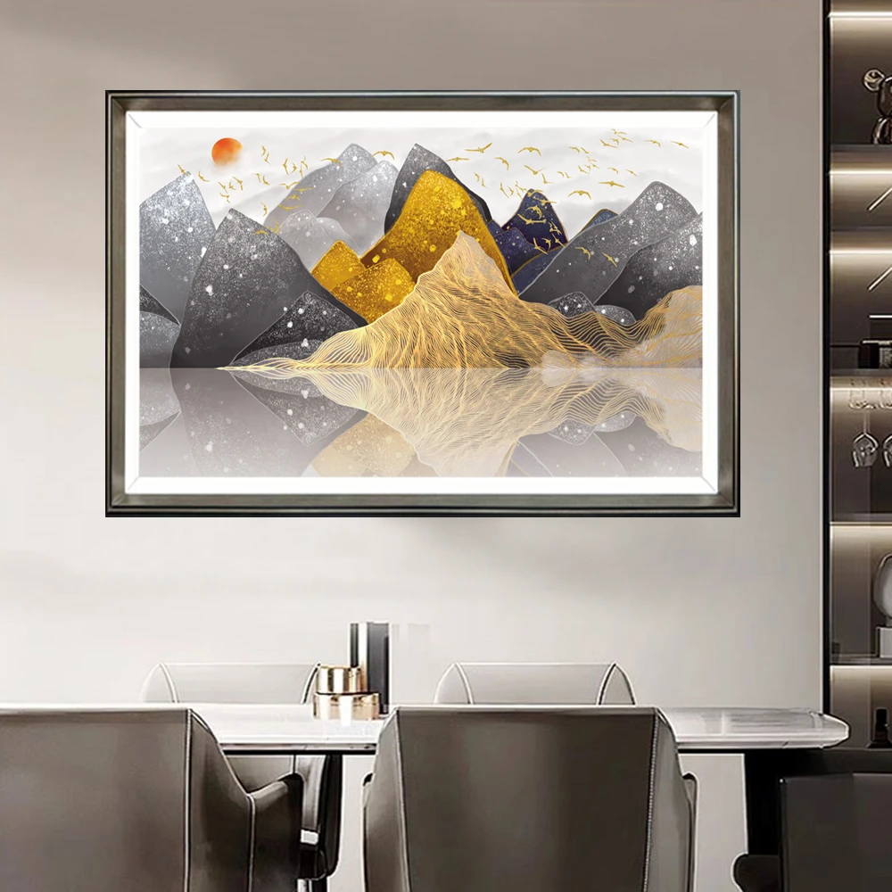 一尺缘日照金山现代风钢化玻璃装饰画烫金炫彩画沙发背景摆画客厅