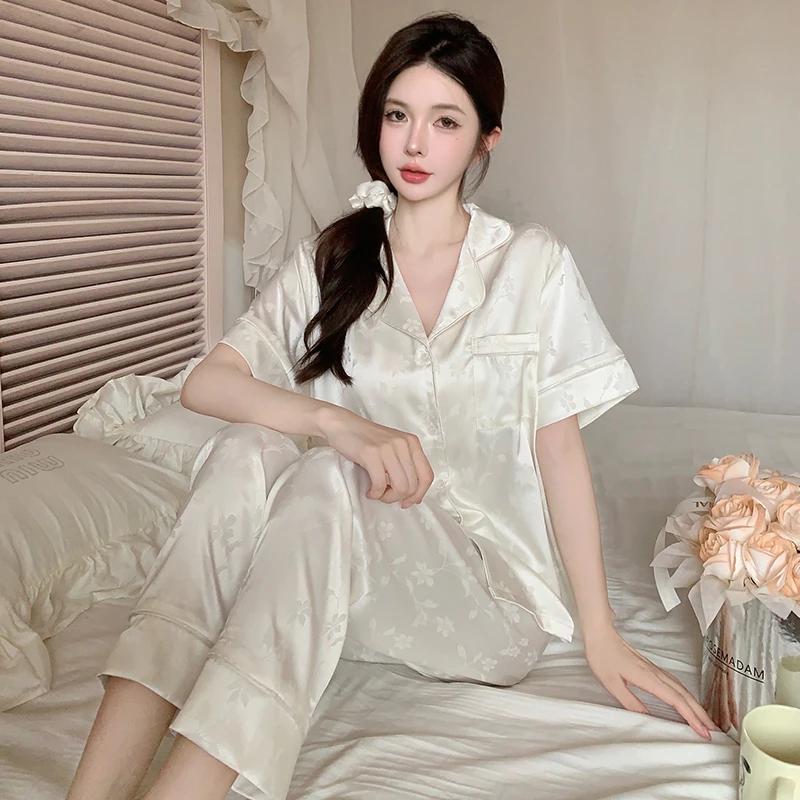 睡衣女夏款2025新款高级感冰丝短袖长裤套装轻奢可外穿家居服薄款