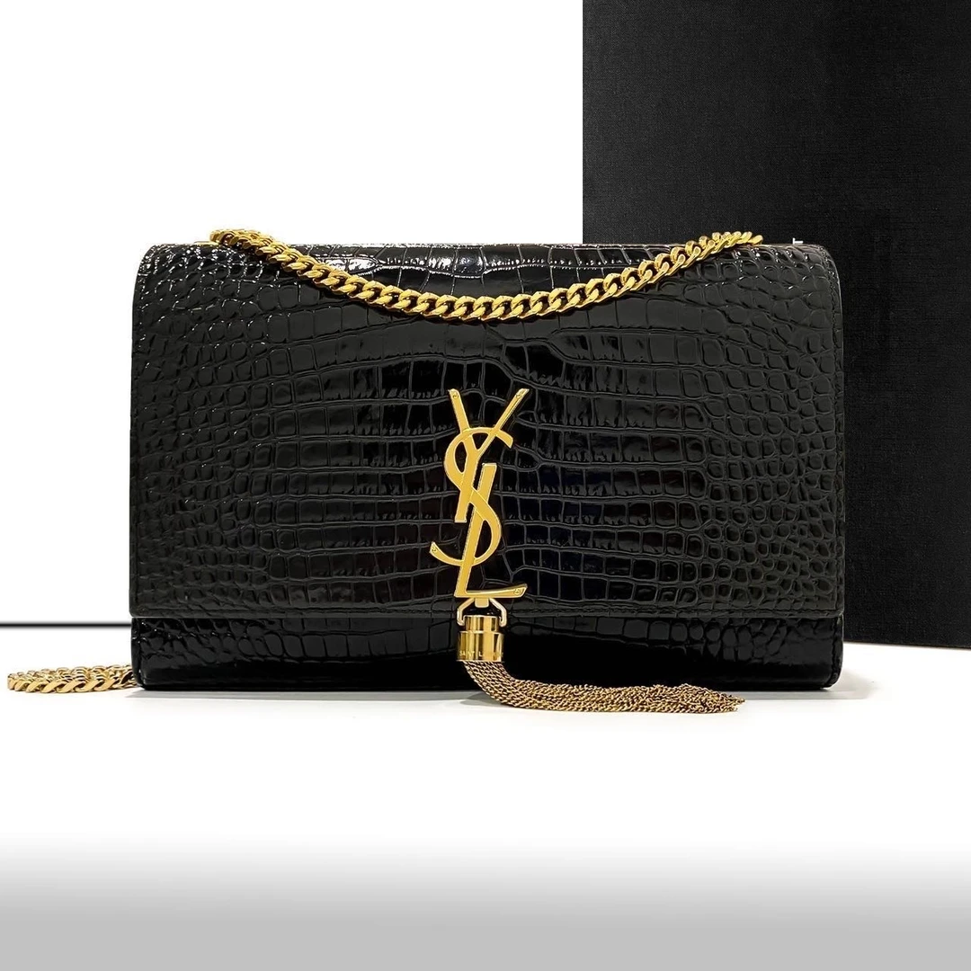 全新未使用 YSL/圣罗兰 黑金鳄压kate流苏链条包