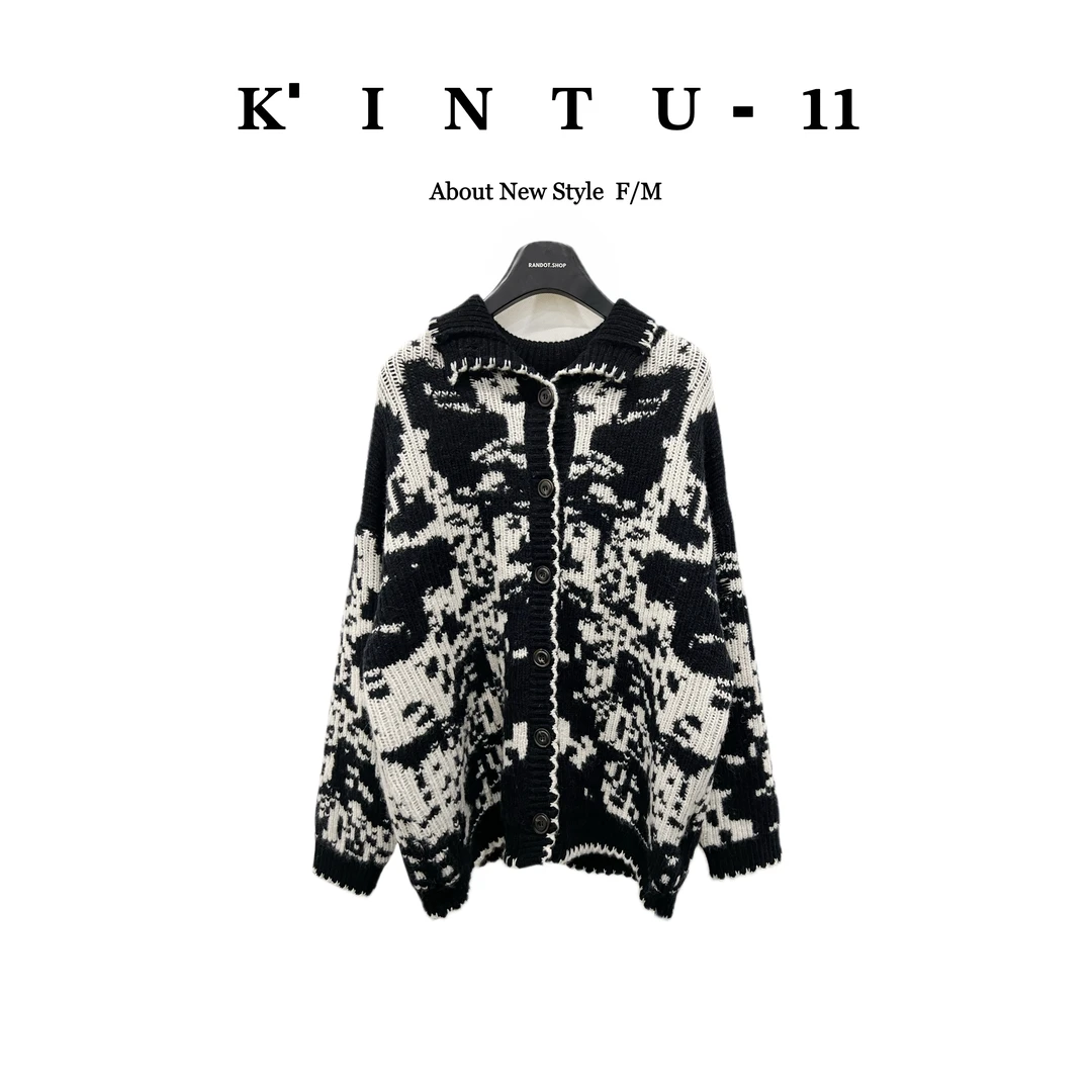 【K-11】原创设计“绵羊毛+兔毛+羊驼毛”黑白撞色提花毛衣开衫2561